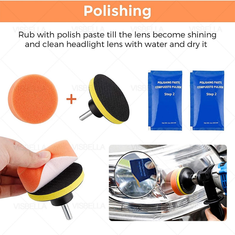 Disc de lustruit pentru mașină de 3 inch, 15 buc./set, șmirghel pentru lustruire cu ceară, burete de lână, tampon de lustruit pentru lustruit auto, adaptor de foraj, kit de lustruit