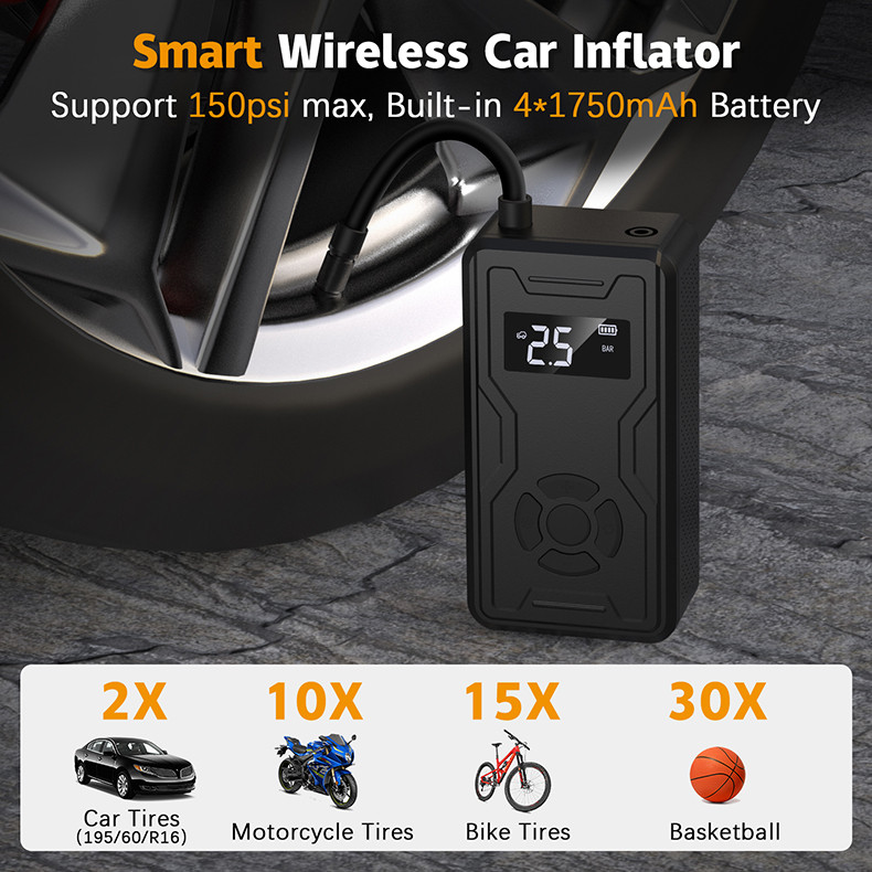 Car Jump Starter Power Bank Pompă gonflabilă portabilă fără fir Pompă gonflabilă digitală inteligentă pentru mașină, motocicletă, bicicletă