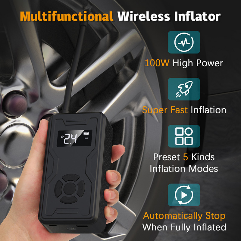 Car Jump Starter Power Bank Pompă gonflabilă portabilă fără fir Pompă gonflabilă digitală inteligentă pentru mașină, motocicletă, bicicletă