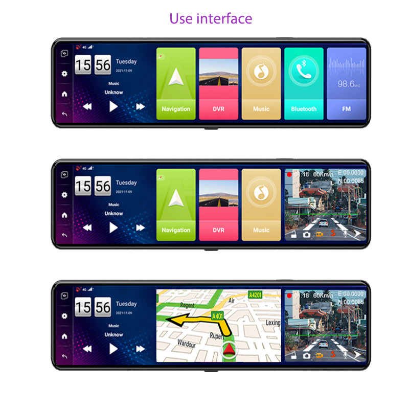 Oglindă retrovizoare Android 8.1 de 11 inchi DVR pentru mașină cu ecran triplu 4G WiFi Cameră de bord 2GB+32GB Navigație GPS Înregistrare video 1080P