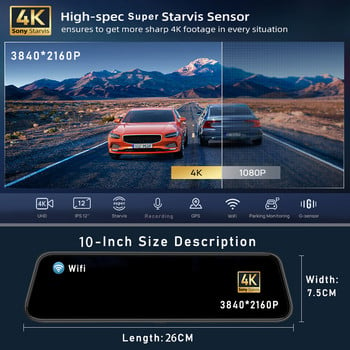 10 ιντσών 4K GPS WIFI αυτοκινήτου καθρέφτης Dvr Dash Cam Dual Lens Dashcam IPS Screen Car Car Drive Recorder Stream RearView Mirror