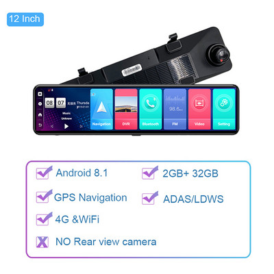 cutie neagră pentru mașină Android 8.1 Oglindă retrovizoare pentru mașină de 12 inci Lentile duble FHD 1080P Camera recorder 4G Dash Cam Wifi Navigator GPS 2GB+32G