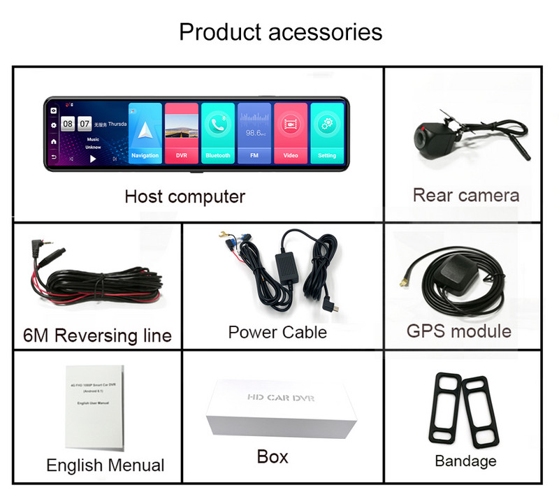 cutie neagră pentru mașină Android 8.1 Oglindă retrovizoare pentru mașină de 12 inci Lentile duble FHD 1080P Camera recorder 4G Dash Cam Wifi Navigator GPS 2GB+32G