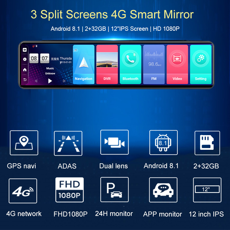 cutie neagră pentru mașină Android 8.1 Oglindă retrovizoare pentru mașină de 12 inci Lentile duble FHD 1080P Camera recorder 4G Dash Cam Wifi Navigator GPS 2GB+32G