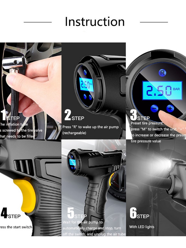 Compresor de aer portabil 120W Pompă gonflabilă fără fir cu fir Pompă de aer portabilă Umflator anvelope digital pentru bilele de biciclete auto