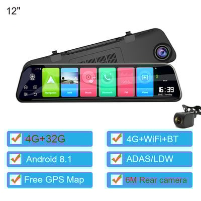Oglindă retrovizoare DVR pentru mașină de 12 inchi 4G WiFi Android 8.1 Cameră de bord 1080P Înregistrare video Înregistrare Navigație GPS Monitor la distanță