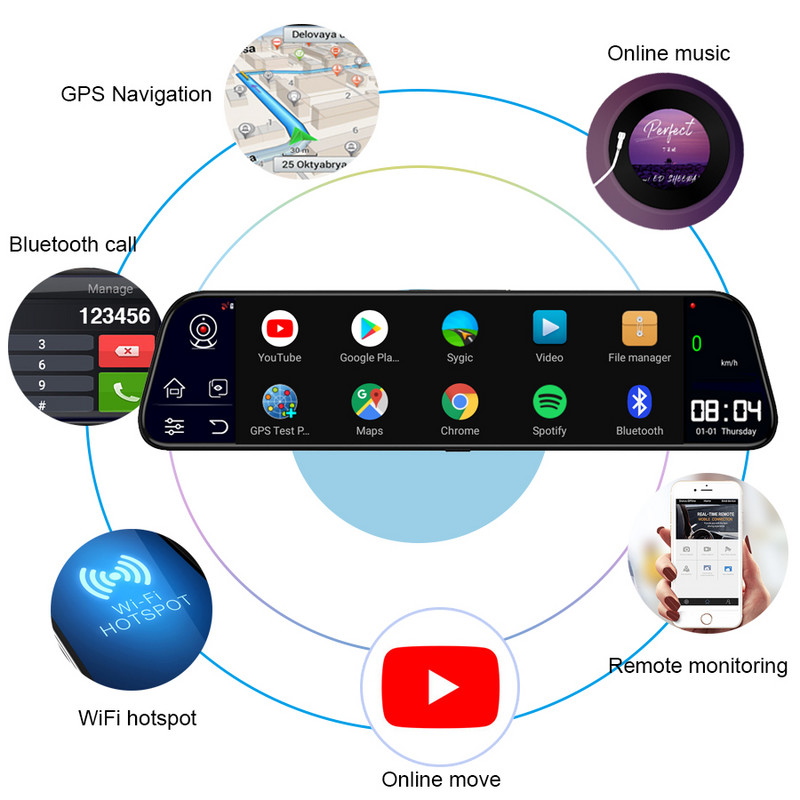 Oglindă retrovizoare DVR pentru mașină de 12 inchi 4G WiFi Android 8.1 Cameră de bord 1080P Înregistrare video Înregistrare Navigație GPS Monitor la distanță