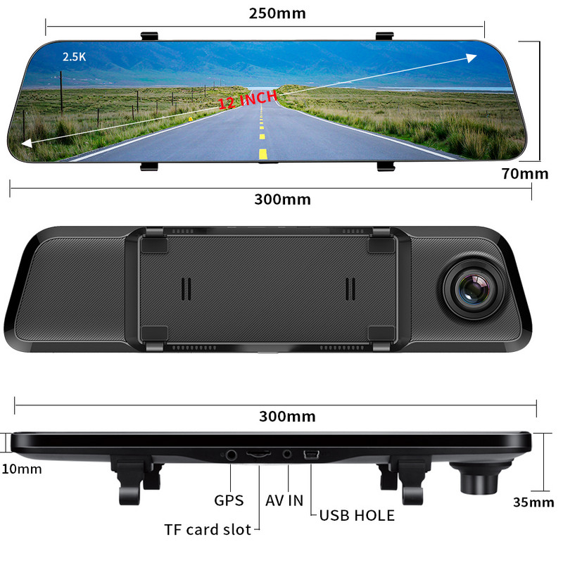 E-ACE Oglindă DVR pentru mașină de 12 inchi 1440P Video Recorder Stream Media Dashcam Suport GPS Monitorizare parcare Cameră retrovizoare 1080P