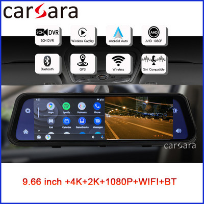 9,66-инчов безжичен CarPlay поточно огледало за обратно виждане DVR камера Dash Cam с Android Auto GPS WiFi Full Touch Morniter