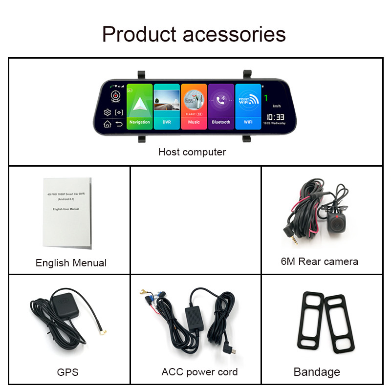 10'' Stream Media Oglindă retrovizoare Android Navigație GPS 2G RAM 32G ROM Cameră de bord Cameră video Înregistrare video Monitor auto DVR