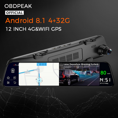 Android Mirror Video Recorder за кола 4G+32G 12" Car Rearview Mirror Stream Media GPS Navi Super Night Dash Cam 1080P камера