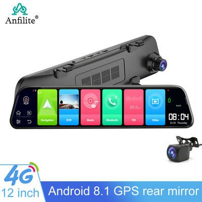 Oglindă retrovizoare inteligentă pentru mașină 4G Înregistrator video 12 inchi Android 8.1 Navigație GPS Monitor cu cameră dublă Cameră de bord 4GB+32GB DVR
