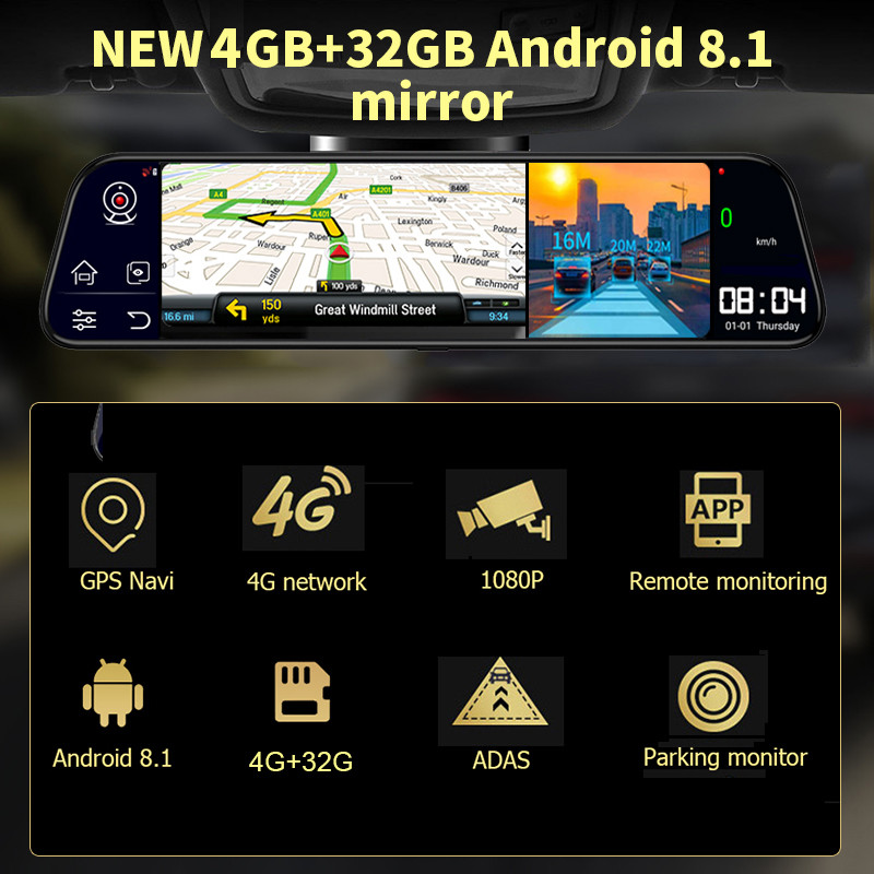 Oglindă retrovizoare inteligentă pentru mașină 4G Înregistrator video 12 inchi Android 8.1 Navigație GPS Monitor cu cameră dublă Cameră de bord 4GB+32GB DVR