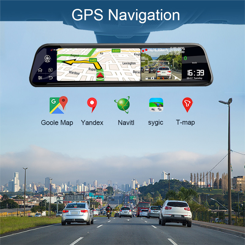 Oglindă retrovizoare inteligentă pentru mașină 4G Înregistrator video 12 inchi Android 8.1 Navigație GPS Monitor cu cameră dublă Cameră de bord 4GB+32GB DVR