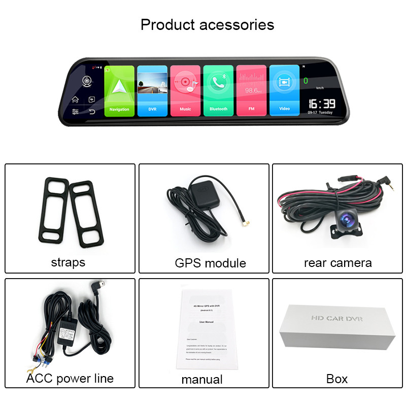 Oglindă retrovizoare inteligentă pentru mașină 4G Înregistrator video 12 inchi Android 8.1 Navigație GPS Monitor cu cameră dublă Cameră de bord 4GB+32GB DVR