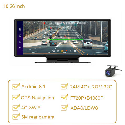 Új Android 10,26 hüvelykes autós DVR ADAS 4G GPS vezetésrögzítő 4+32GB 1080P FHD kétkamerás visszapillantó tükör Dashcam parkoló monitor
