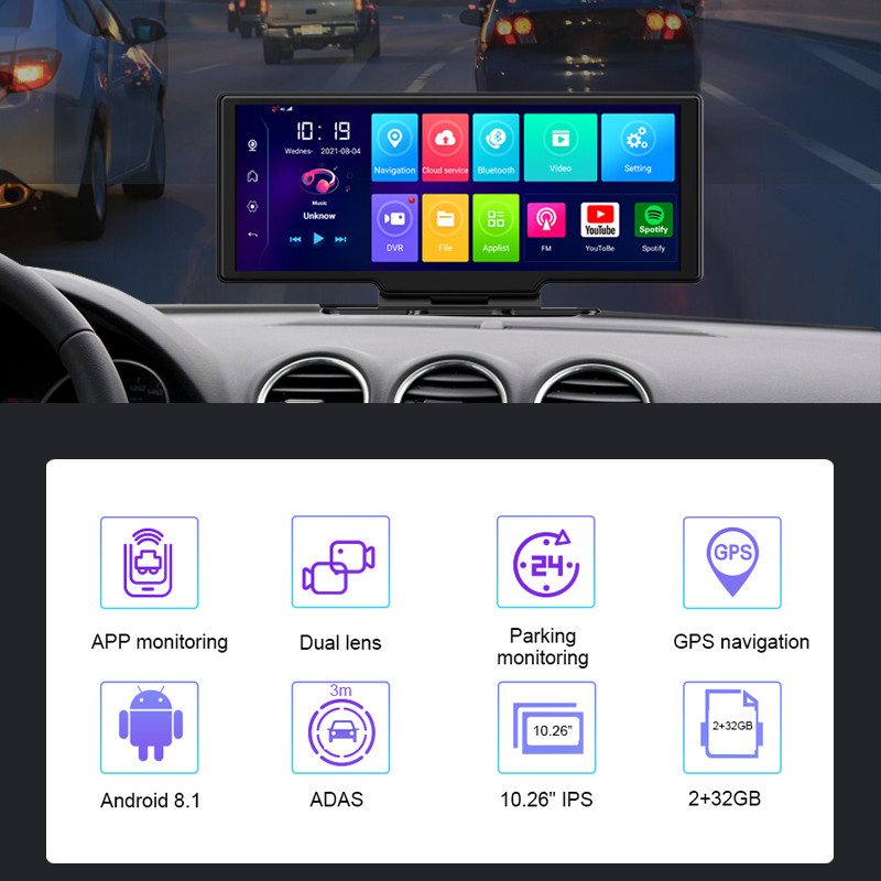 Új Android 10,26 hüvelykes autós DVR ADAS 4G GPS vezetésrögzítő 4+32GB 1080P FHD kétkamerás visszapillantó tükör Dashcam parkoló monitor