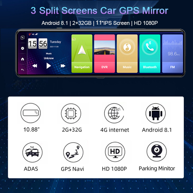 Oglindă retrovizoare inteligentă pentru mașină 4G Înregistrator video 10,88" Ecran tactil ADAS Navigație GPS DVR 2GB+32GB Cameră dublă Dashcam Android 8.1