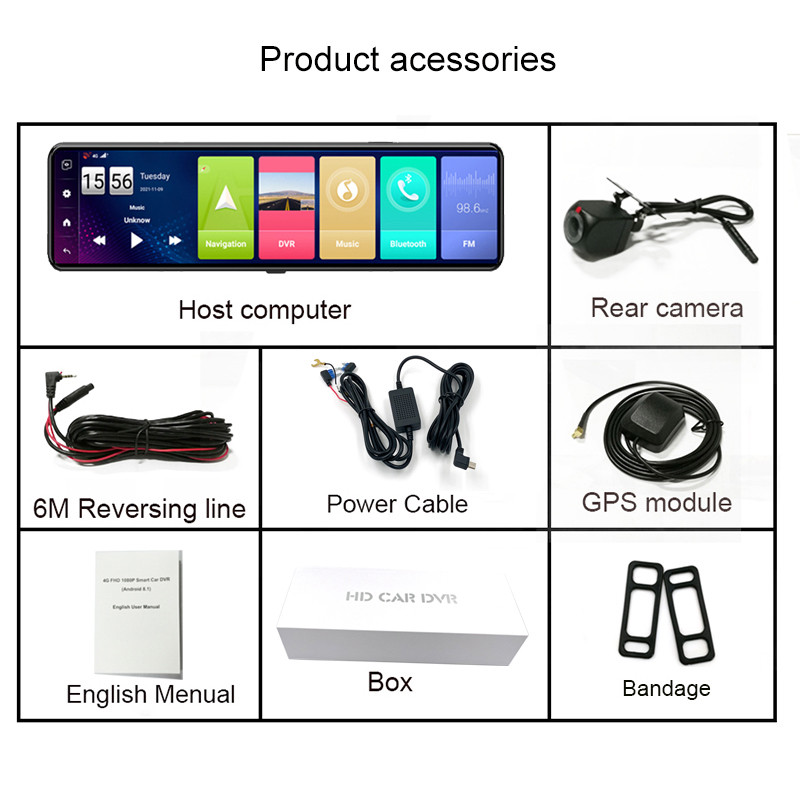 Oglindă retrovizoare inteligentă pentru mașină 4G Înregistrator video 10,88" Ecran tactil ADAS Navigație GPS DVR 2GB+32GB Cameră dublă Dashcam Android 8.1