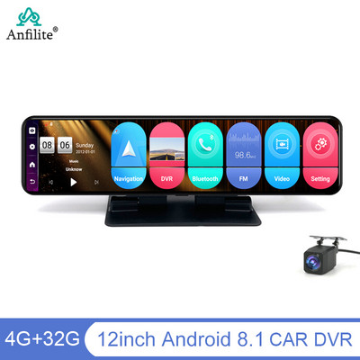 Autós DVR 4G 12 hüvelykes 4G Android autós visszapillantó tükör műszerfal kamera 1080P autós kamera kétlencsés automatikus felvevő WiFi GPS ADAS műszerfal