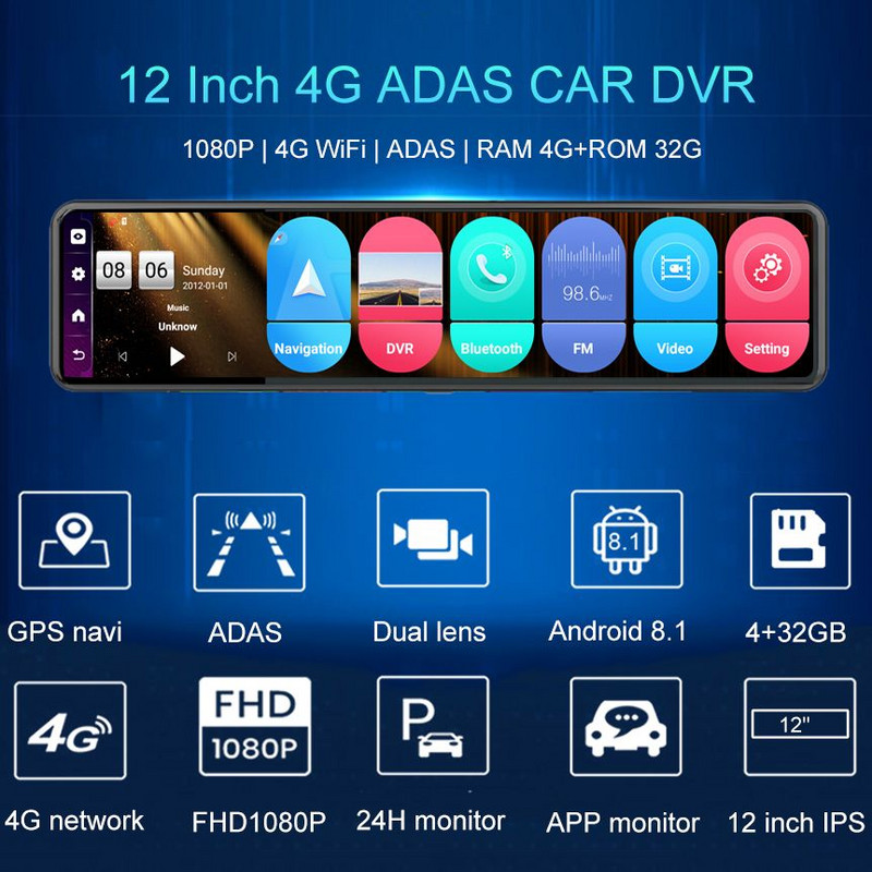 DVR pentru mașină 4G 12 inchi 4G Android Oglindă retrovizoare pentru mașină Cameră de bord 1080P Cameră pentru mașină cu lentilă duală Înregistrare automată WiFi GPS ADAS Placă de bord