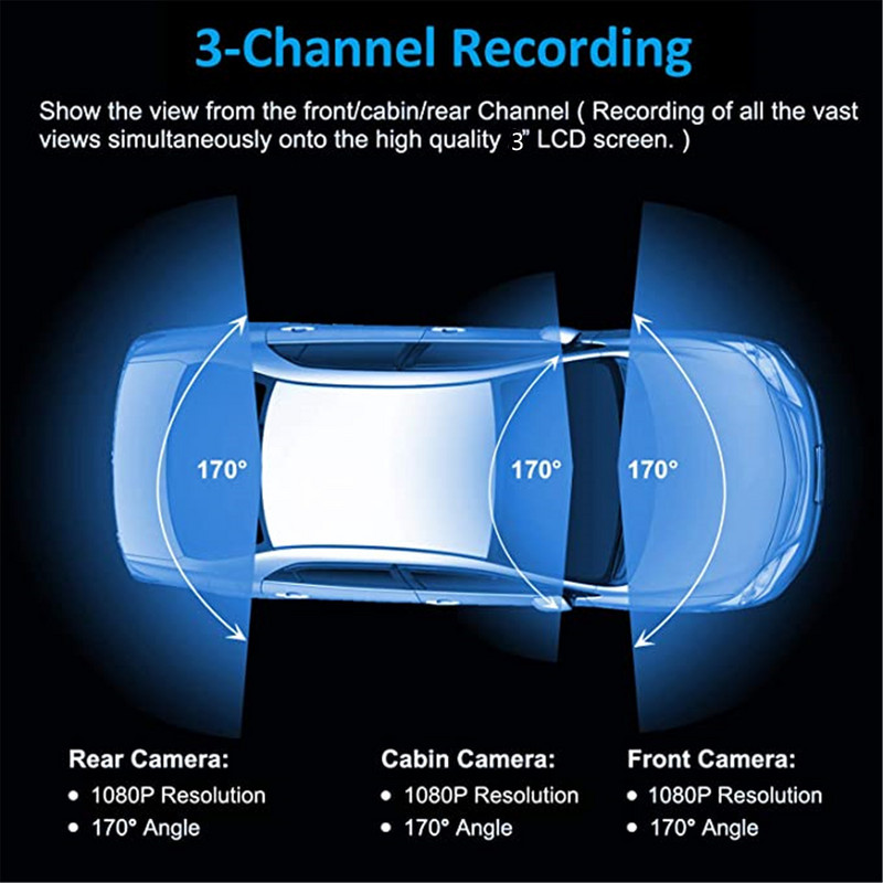 Cameră de bord cu 3 canale 2K+1080P+1080P față în interior cu trei căi DVR auto cu 3 lentile 3"LCD Video Recorder WiFi 8 lumină în infraroșu Super noapte