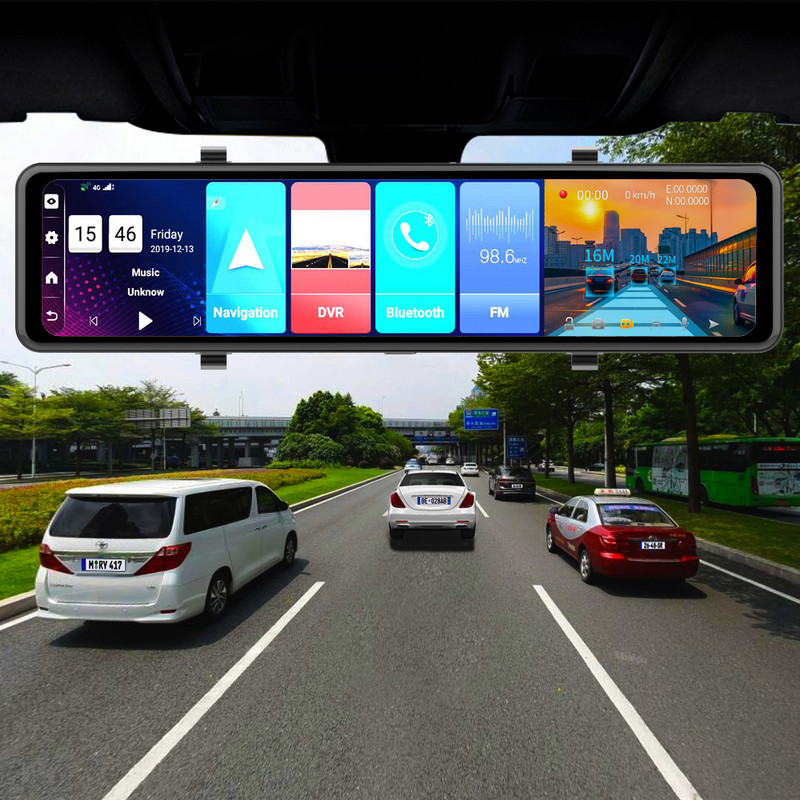 Oglindă auto de 12 inchi Android 8.1 DVR Cameră de bord 1080P lentilă dublă WiFi Navigație GPS ADAS Supraveghere video automată la distanță