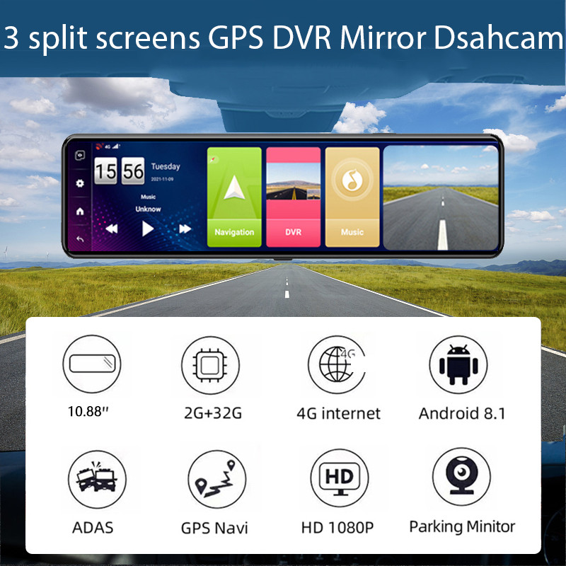 Anfilite Video Recorder cu oglindă auto 10.88" Android 8.1 Dashcam Navigație GPS ADAS Cameră retrovizoare DVR 24H Monitor parcare 2G+32G