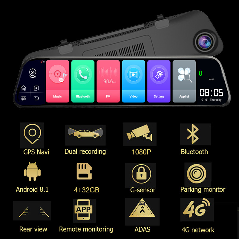 12 hüvelykes 4G ADAS Android 8.1 Dashcam Mirror autó DVR GPS Navigation 1080P Video Recorder Regisztrátor 24 órás parkolási monitor