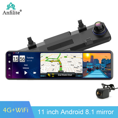 11-инчов DVR за кола 4G Троен екран Dash Cam Android 8.1 Dash Camera 2GB+32GB GPS навигация Огледало за обратно виждане Камера за кола