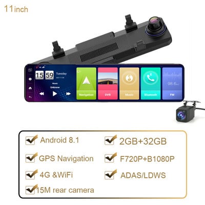 11 hüvelykes autós DVR 4G háromképernyős műszerfal kamera Android 8.1 Dash kamera 2GB+32GB GPS navigációs visszapillantó tükör autós kamera