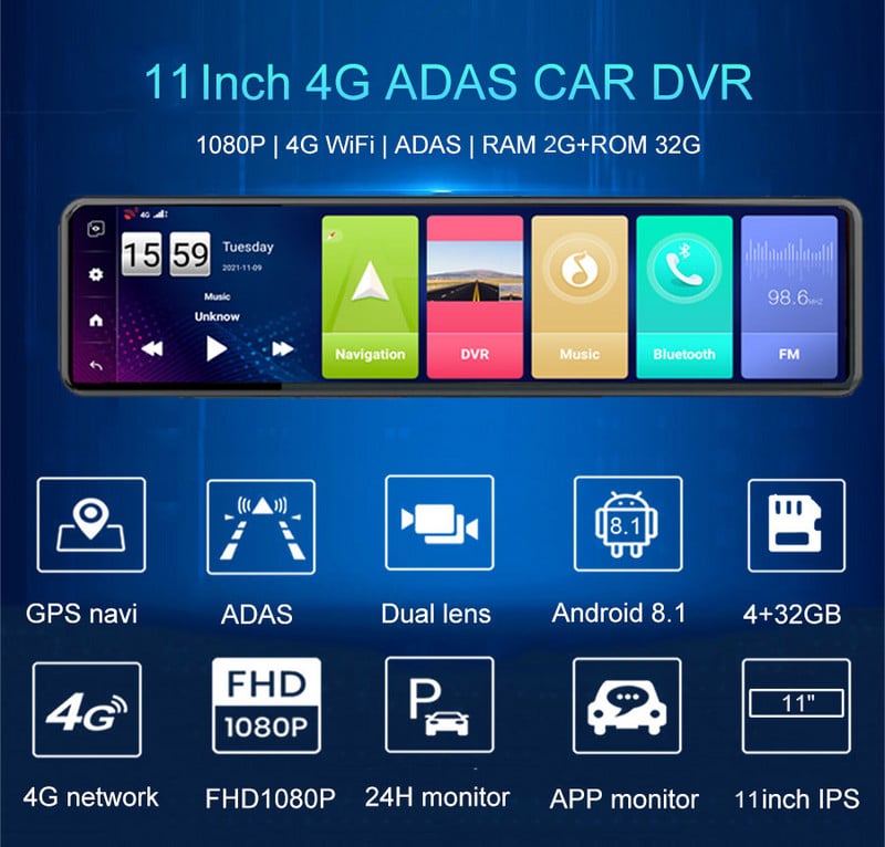 11 hüvelykes autós DVR 4G háromképernyős műszerfal kamera Android 8.1 Dash kamera 2GB+32GB GPS navigációs visszapillantó tükör autós kamera