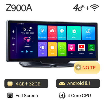 DVR auto cu tablou de bord Z900S Android 10 Carplay Android Auto GPS WiFi 1080P FHD 4G Dash Camera Review Oglindă Dashcam Recorder