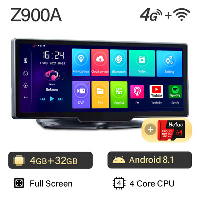 DVR auto cu tablou de bord Z900S Android 10 Carplay Android Auto GPS WiFi 1080P FHD 4G Dash Camera Review Oglindă Dashcam Recorder