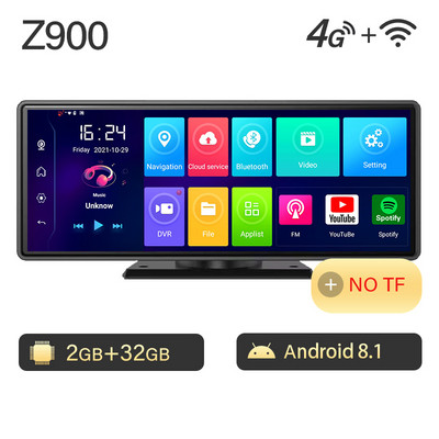 DVR auto cu tablou de bord Z900S Android 10 Carplay Android Auto GPS WiFi 1080P FHD 4G Dash Camera Review Oglindă Dashcam Recorder