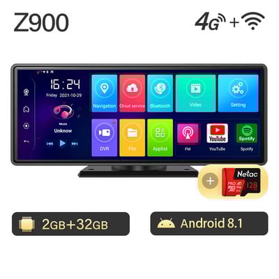 DVR auto cu tablou de bord Z900S Android 10 Carplay Android Auto GPS WiFi 1080P FHD 4G Dash Camera Review Oglindă Dashcam Recorder