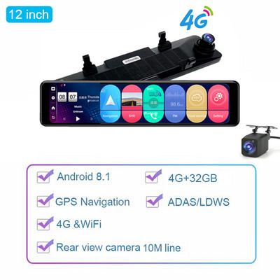 12 "Android 4G dvr auto Oglindă retrovizoare bord Bluetooth WIFI Navigare GPS Dual 1080P Înregistrare automată Dash Cam Monitor la distanță
