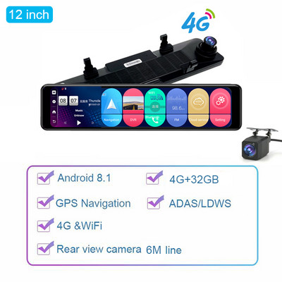 12 "Android 4G dvr auto Oglindă retrovizoare bord Bluetooth WIFI Navigare GPS Dual 1080P Înregistrare automată Dash Cam Monitor la distanță