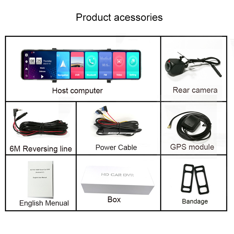 12 "Android 4G dvr auto Oglindă retrovizoare bord Bluetooth WIFI Navigare GPS Dual 1080P Înregistrare automată Dash Cam Monitor la distanță