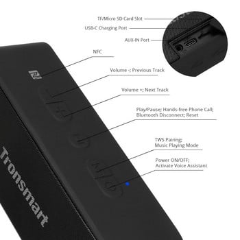 Високоговорител Tronsmart T2 Plus Bluetooth високоговорител Външен преносим високоговорител с водоустойчив IPX7, NFC, 24 часа възпроизвеждане, Micro SD