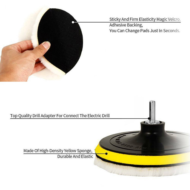 Set de 5 bucăți de tampon de lustruit pentru lână Instrument pentru roată de lustruit 3/4 inch Kit de discuri de lustruit pentru găurit pentru șlefuitor auto Îngrijirea vopselei cu ceară