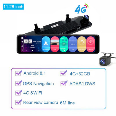 Autós visszapillantó tükör videórögzítő 11,26 hüvelykes kétlencsés műszerfal kamera Android 8.1 tachográf GPS navigációs DVR RAM 4 GB+ROM 32 GB