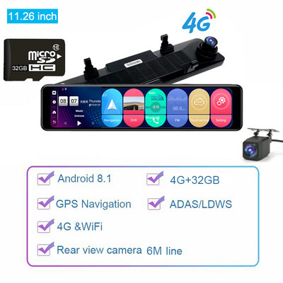 Autós visszapillantó tükör videórögzítő 11,26 hüvelykes kétlencsés műszerfal kamera Android 8.1 tachográf GPS navigációs DVR RAM 4 GB+ROM 32 GB