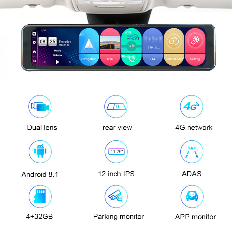 Autós visszapillantó tükör videórögzítő 11,26 hüvelykes kétlencsés műszerfal kamera Android 8.1 tachográf GPS navigációs DVR RAM 4 GB+ROM 32 GB