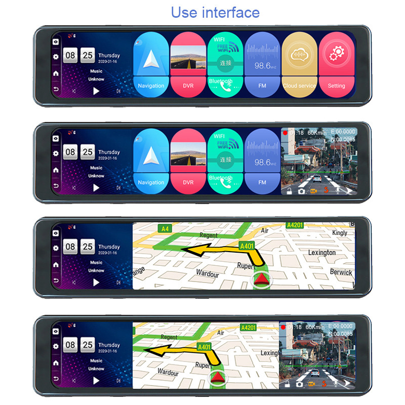 Autós visszapillantó tükör videórögzítő 11,26 hüvelykes kétlencsés műszerfal kamera Android 8.1 tachográf GPS navigációs DVR RAM 4 GB+ROM 32 GB
