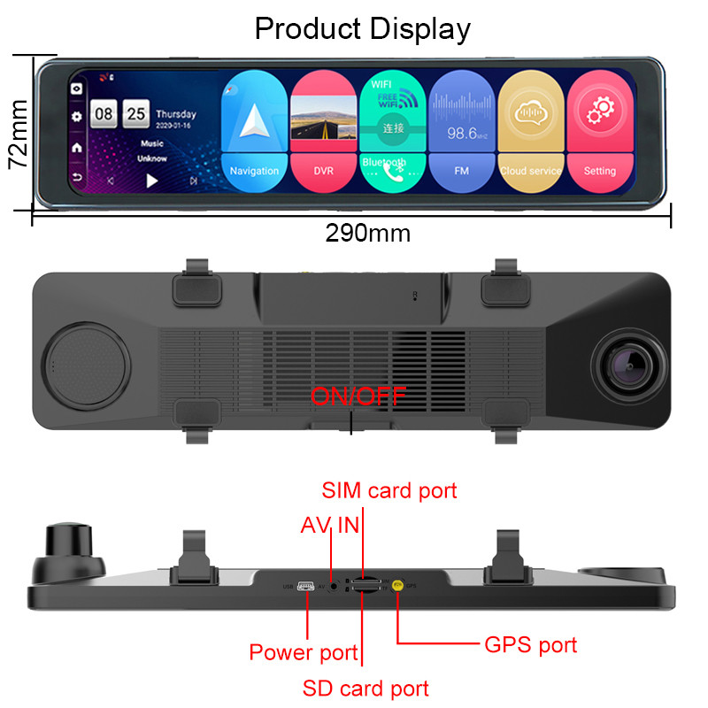 Autós visszapillantó tükör videórögzítő 11,26 hüvelykes kétlencsés műszerfal kamera Android 8.1 tachográf GPS navigációs DVR RAM 4 GB+ROM 32 GB