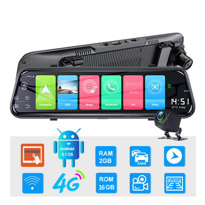 10" 4G Android 8.1 Dashcam GPS Navigáció ADAS autós visszapillantó tükör kamera Full HD 1080P autós videorögzítő DVR WiFi BT