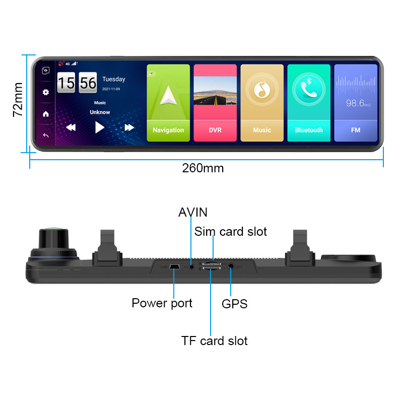 Autós visszapillantó tükör 2+32GB GPS-navigáció 10,88 hüvelykes Android 8.1 Dash Cam ADAS 4G kétkamerás videórögzítő