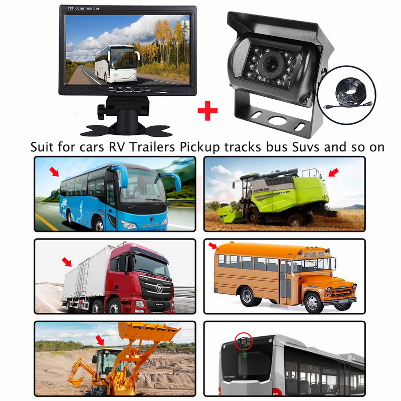 Auto tagavaatekaamera Tagurpidi parkimise tagavaade Tagurpidi autokaamera 7-tolline monitori videosüsteem DC 12-24V bussihaagisele