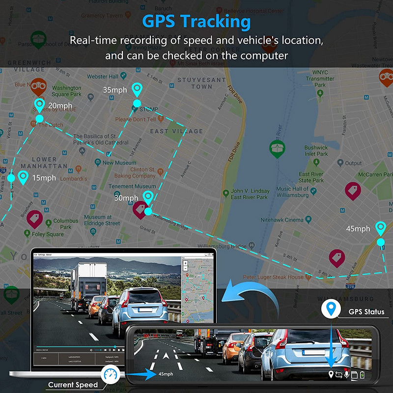 360° panoraminis galinio vaizdo veidrodinis prietaisų skydelis 11,26 colio 3 kameros 1080P jutiklinis ekranas Integruota GPS 24h parkavimo stebėjimo automobilio kamera
